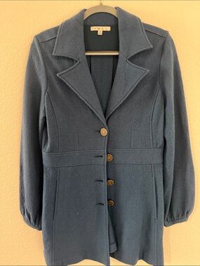 CAbi Navy Tailored Wool-Blend Trench Coat with Decorative Buttons
